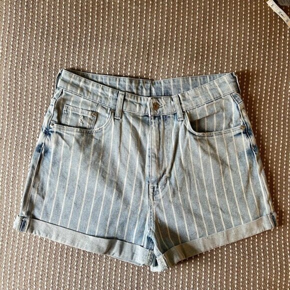 H&M &Denim Women's Size 10 High Waist Striped Denim Cuffed Jean Shorts - Picture 1 of 6